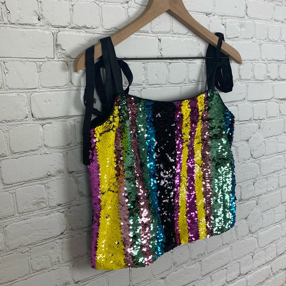 SOLD! Zara Multicolor Sequin Tie Shoulder Top - Picture 4 of 8